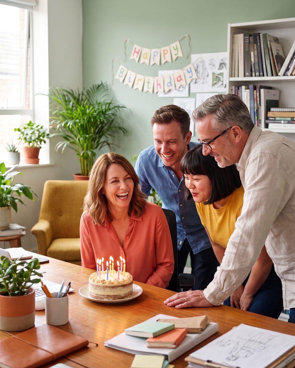 Coworkers gathered round a birthday cake in the office
